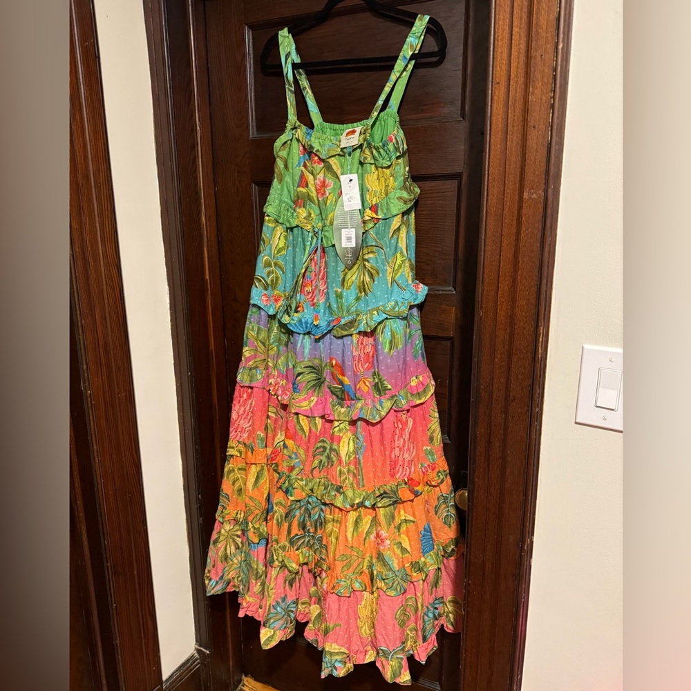 Farm Rio Ombre Forest Tiered Maxi Dress Floral Cotton Drawstring Rainbow L